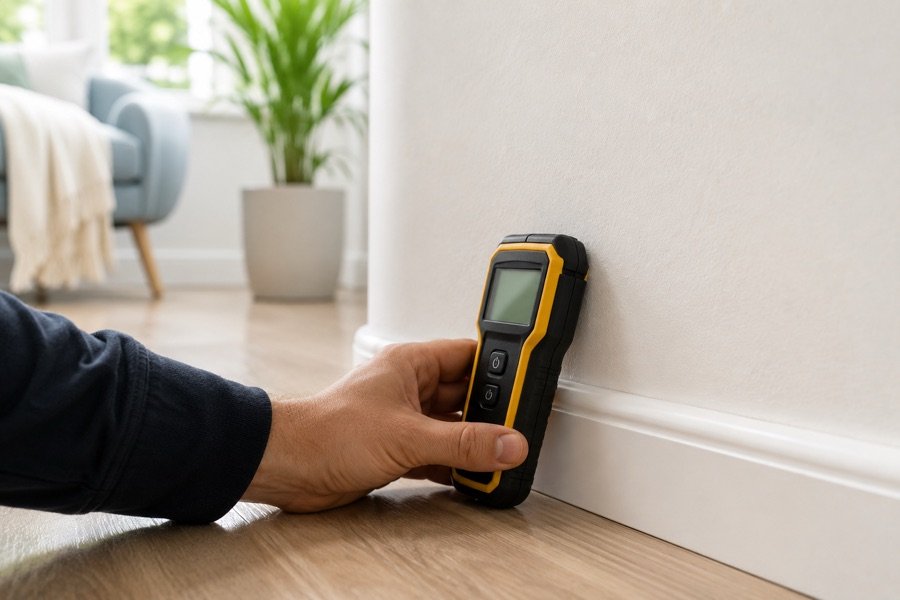 Checking a wall for damp with a digital moisture meter