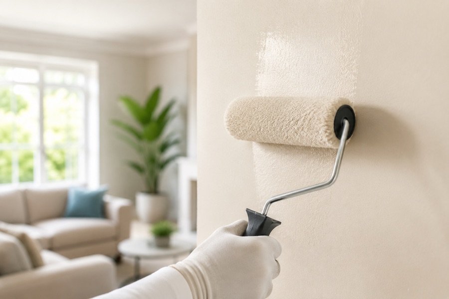 Professional applying fresh paint to an interior wall