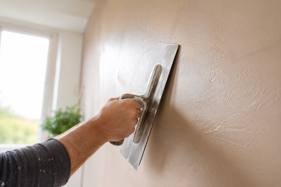 Plasterer smoothing fresh plaster to a flawless finish