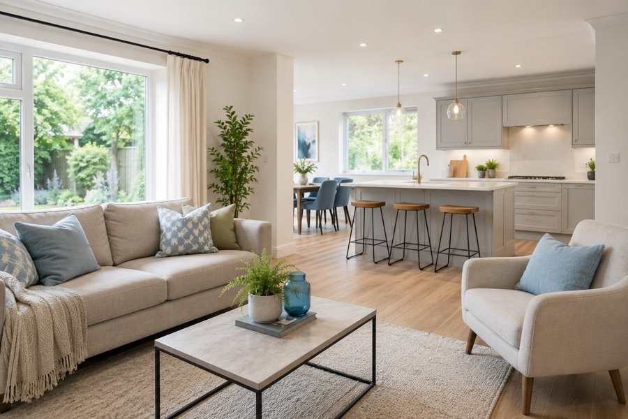 A bright, beautifully renovated open-plan living space